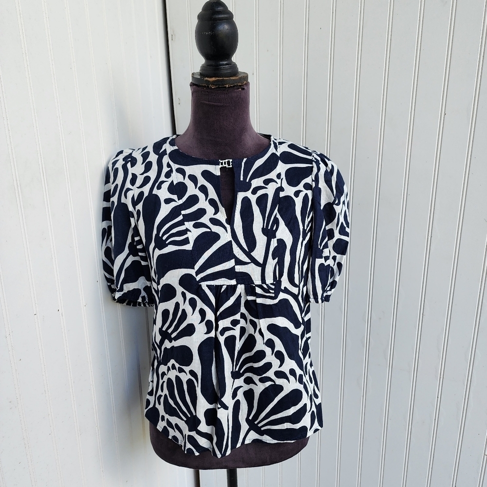 CHRISTIAN SIRIANO Linen Blend Top Women’s Floral Navy Blue White Breathable XS